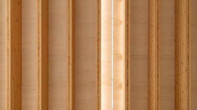 Vertical wood panels with golden light glow. Warm wooden texture forms parallel line pattern. Modern interior wall cladding background