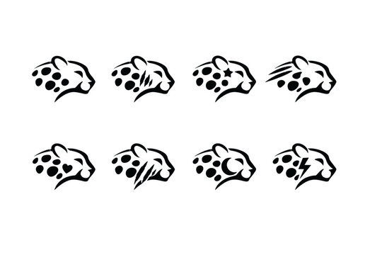 Collection of stylized leopard head logos with unique patterns and symbols