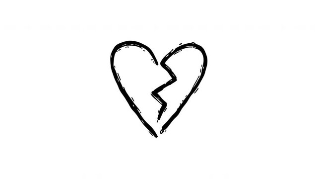 Broken Heart For Heartbreak And Relationship Ending Hand Drawn Doodle Animation. Heartbreak Symbol And Emotional Loss. Social Media Reaction Graphic. 4K Loop With Alpha Channel.