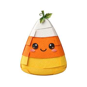 Cute cartoon candy corn with happy face and green stem isolated on transparent background