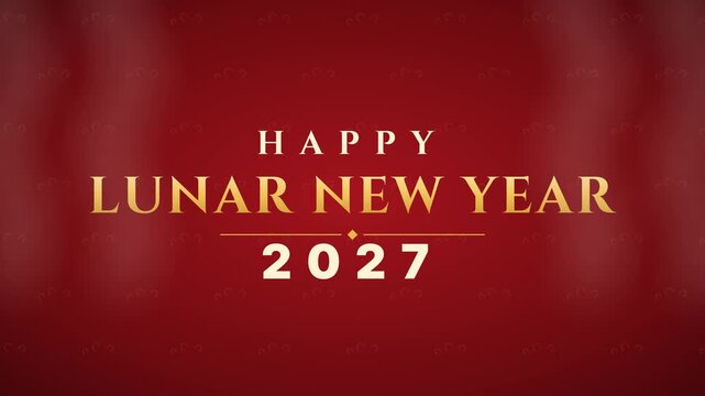 Strings of red firecrackers burst one by one from top to bottom with sparks, paper bits and smoke, and as the smoke clears Happy Lunar New Year 2027 appears in gold.