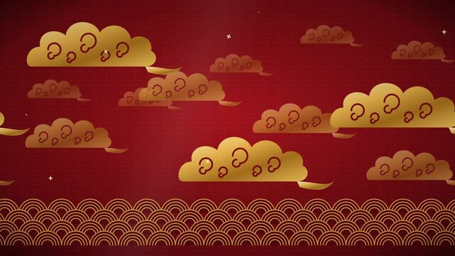 Seamless loop of layered gold auspicious clouds drifting over deep red with a fretwork pattern, gold wave arcs flowing along the bottom, soft sheen and twinkling sparkles.