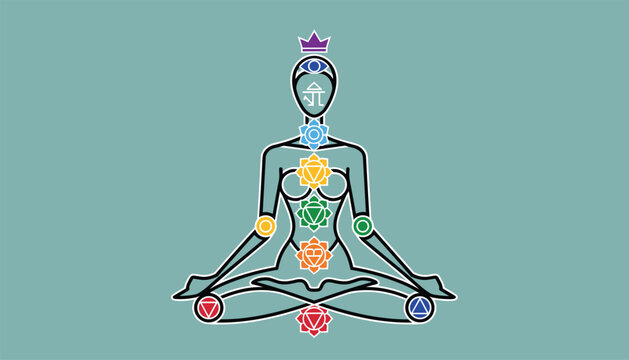 Stylized silhouette of a person in a meditation pose showing the seven main chakra points on a light teal background.