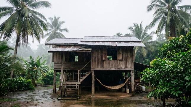 Wooden stilt house under palms on a rainy afternoon
