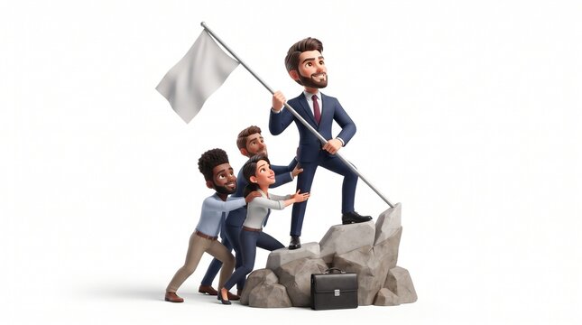 3D Businessman Mascot and team recreating Iwo Jima flag raising statue