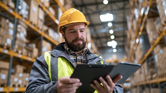 Warehouse worker in safety vest and hard hat checking inventory on clipboard in modern distribution center