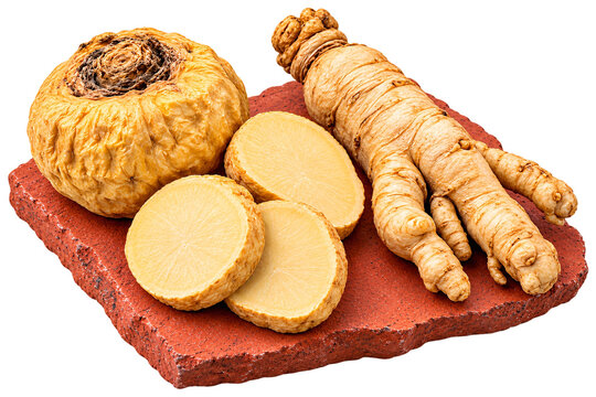 Whole yellow maca root, sliced pieces, and ginseng root on terracotta tile isolated on transparent background