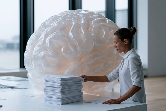 Woman working at table with stacks of papers near large brain sculpture in modern office setting