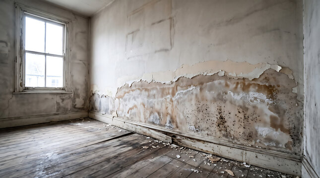 Empty room interior with severe damp damage black mold peeling paint on wall rotting skirting board and old wooden floor near window showing property neglect and home repair concept