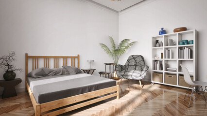 Wooden bed with grey linens in minimalist bedroom with white shelving unit and plant © Piotr Adamczyk