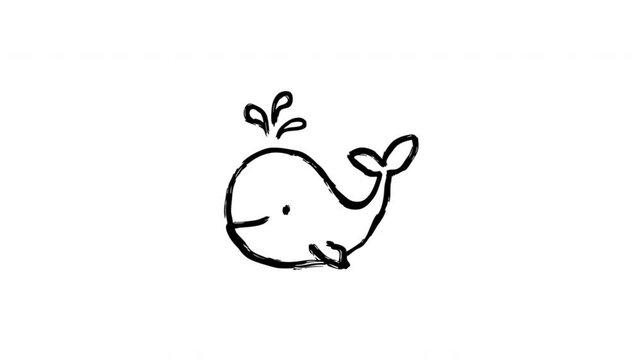 Whale For Marine Life And Ocean Education Hand-Drawn Doodle Animation On Transparent Background. Sea Animal And Aquatic Conservation Symbol. Seamless Animated Icon. 4K Video Overlay Element.