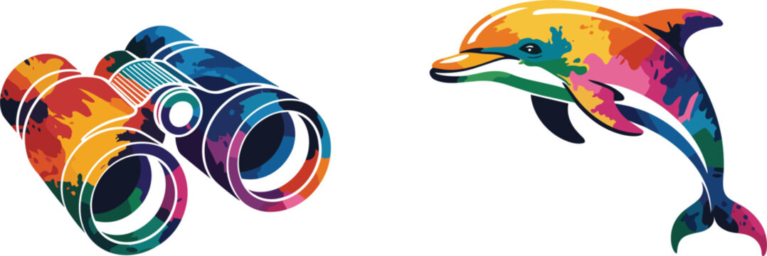 Binoculars and dolphin colorful watercolor splash vector graphic
