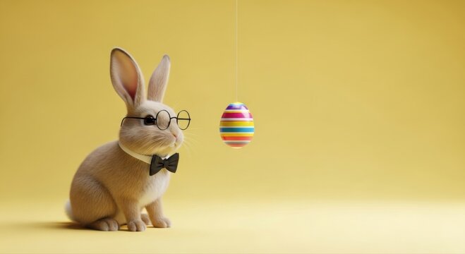 Cute brown bunny wearing round glasses and a black bow tie looking at a colorful striped easter egg on yellow background