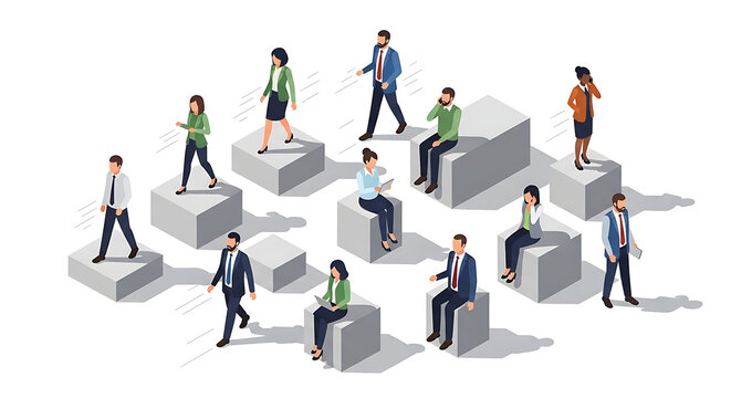 Business Professionals Demonstrating Teamwork and Career Path Progression Diverse Individuals Walking and Working on Abstract Blocks