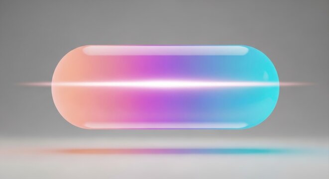 Glowing medical pill capsule with a vibrant gradient of pink, purple, and blue light against a soft gray background