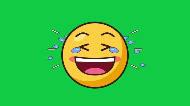 Cartoon laughing face with tears of joy on green screen