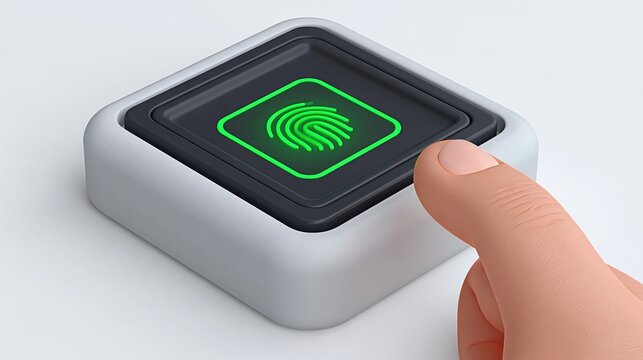 Close-up of a Finger Scanning a Glowing Green Fingerprint Biometric Security Access Pad for Identification