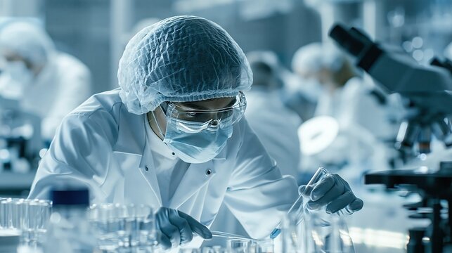 Scientist in Protective Gear Conducting Research with Test Tubes and Microscope in Modern Laboratory