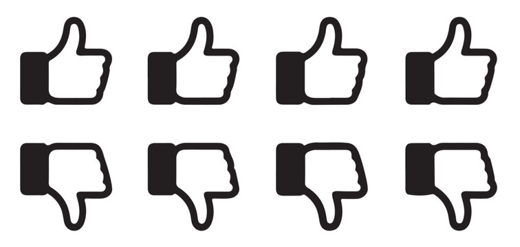 Set of thumbs up and thumbs down icons for rating and feedback, black silhouette.