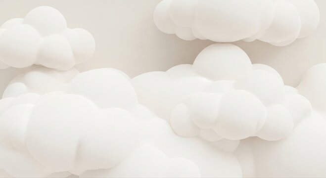 Soft white 3d clouds floating on a light beige background, creating a dreamy, and fluffy atmosphere, for copy space