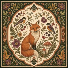 Naklejka premium Vintage fox and birds botanical folk art decorative print