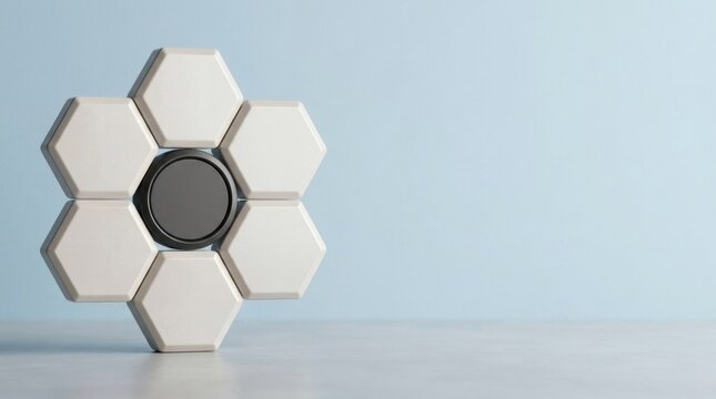 Minimalist white hexagonal blocks arranged around central dark button for modular smart home interface design.