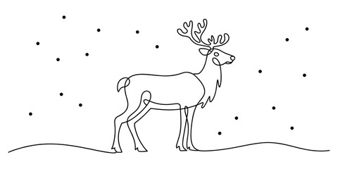Continuous single line drawing of a reindeer standing in the snow isolated on transparent background © Simanto