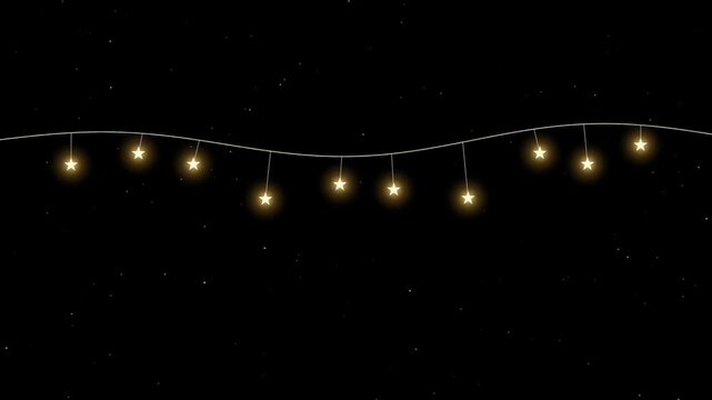 Twinkling star string lights motion graphic on black night sky background with subtle glitter, festive holiday season aesthetic.