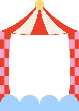 Holiday greeting card template with hand drawn frame of circus tent. Festival vector flat illustration for birthday cards, christmas holiday invitations, etc.