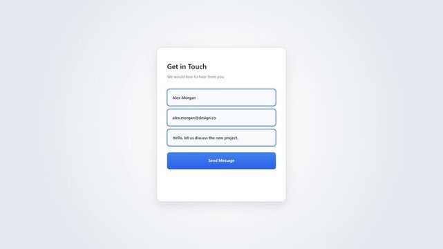 Contact form user interface animation showing input fields and interactive buttons for digital communication