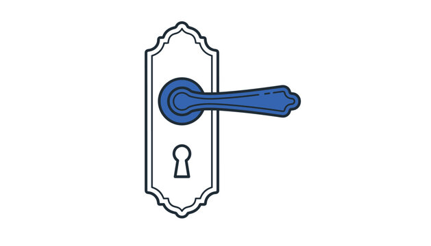 Vintage door handle vector illustration with ornate backplate classic keyhole design and blue colored lever