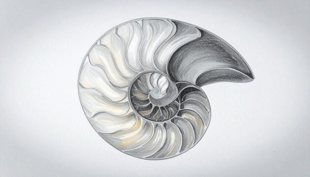 Natural-history study of a deep-sea nautilus shell cross-section executed in soft charcoal and white chalk on paper