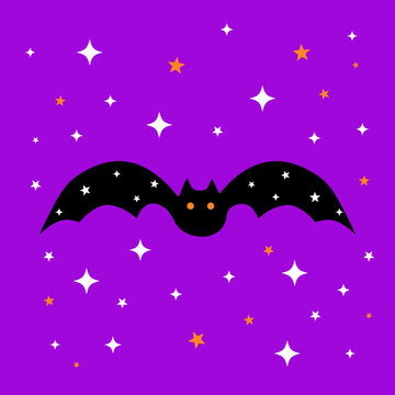 Halloween bat silhouette on purple background. Vector template for banner, poster, flyer, shirt, mug, logo design.