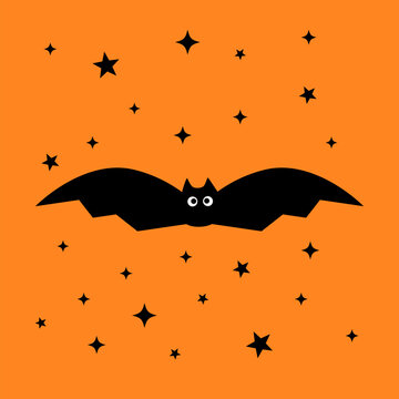 Halloween bat in flat styly on orange background. Vector template for banner, poster, flyer, sticker, logo design, etc.