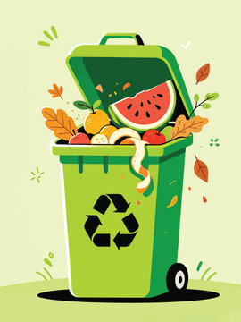 Green Compost Bin with Organic Food Waste and Leaves Vector Illustration