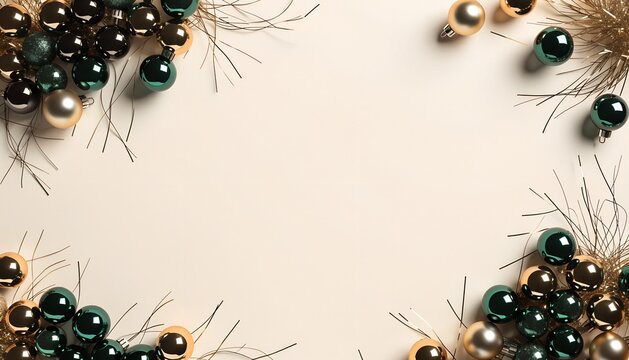 Elegant holiday decor featuring gold green baubles pine sprigs