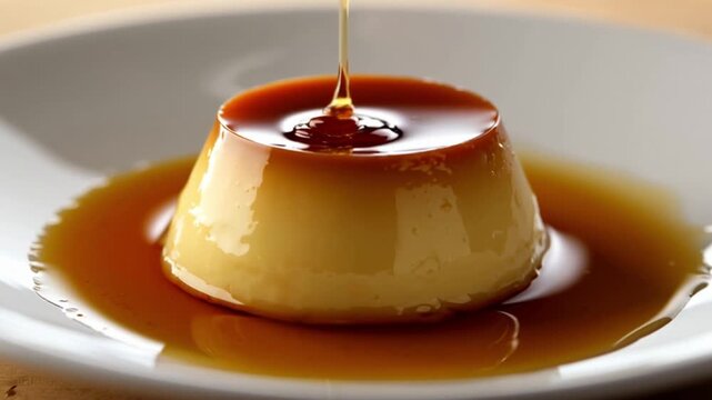 Caramel drizzling over creamy flan &mdash; 4K video
