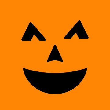 Halloween Pumpkin Face on orange background. Cute smiling Jack o Lantern. Vector template for Halloween party decorations.
