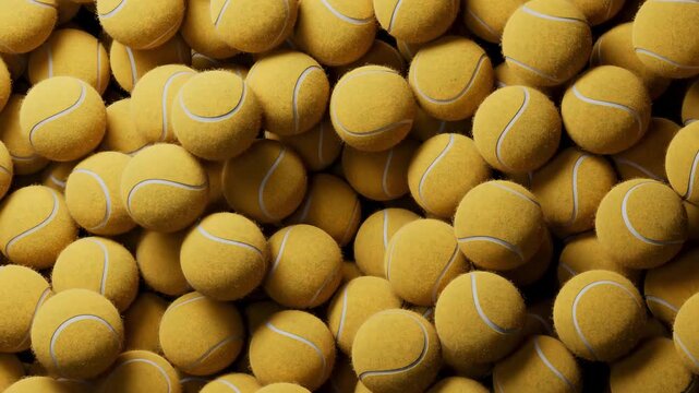 Close-up of hundreds of yellow tennis balls shifting and settling into dense textured pile under soft studio light, showing felt fibers and white seam lines, warm color tones and repeating spherical,