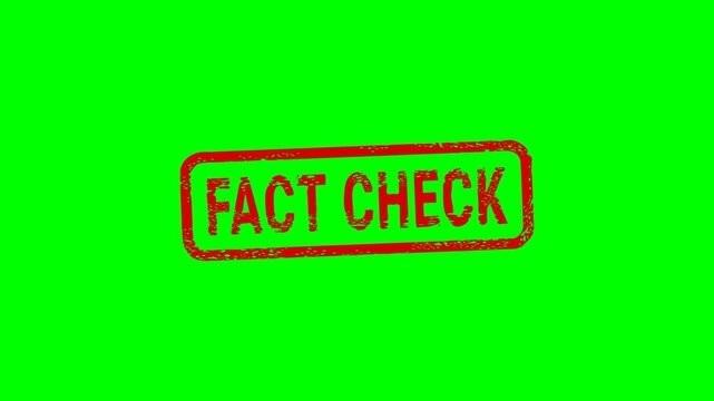 Red grunge stamp marking fact check to emphasize media verification, truth validation, and fighting disinformation. Chroma key green screen with alpha channel.