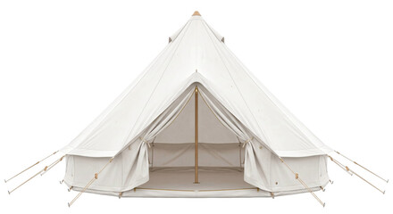 Open-front white canvas bell tent with guy lines isolated against a dark background © Ophelia