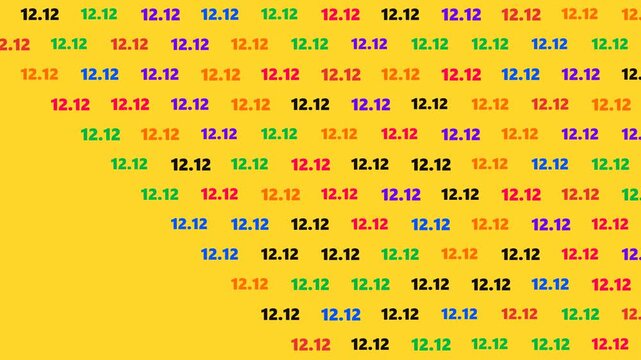 Fast-paced motion pattern of 12.12 numbers moving towards the top-left corner with vibrant colorful flashing effects on a bright yellow background, pe.