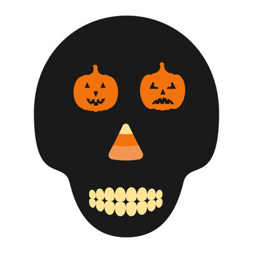 Black skull silhouette with orange pumpkin eyes and candy corn nose. Halloween vector illustration isolated on white background. Easy to edit template for banner, poster, shirt, logo design, etc.