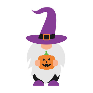 Halloween gnome in purple witch hat holding carved pumpkin Jack o lantern.  Cute cartoon character. Vector template for poster, greeting card, banner, sticker, shirt design etc.