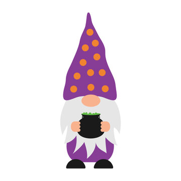 Halloween gnome in purple polka dots hat holding black cauldron with green potion.  Cute cartoon character. Vector template for poster, greeting card, banner, sticker, shirt design etc.