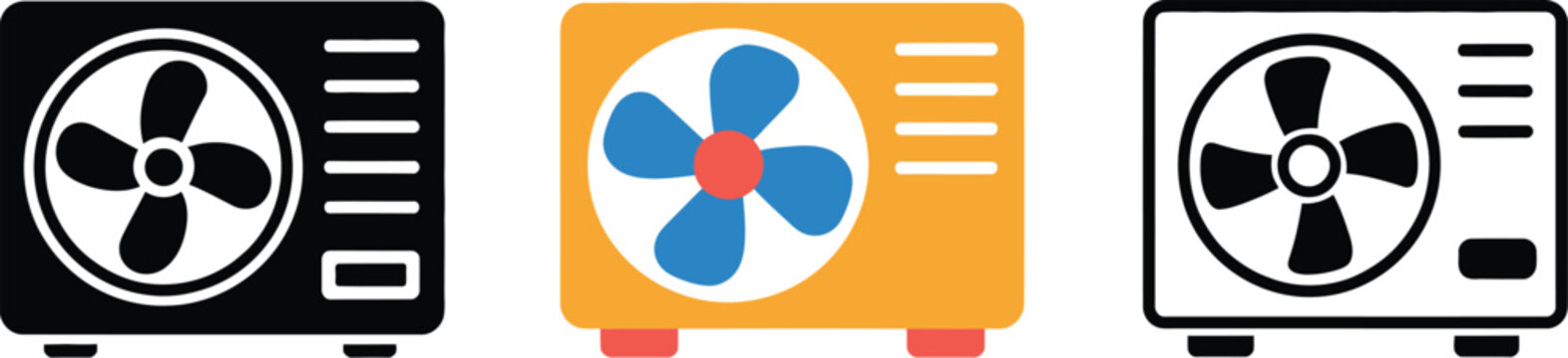 Outdoor compressor unit icon set in line, solid, and orange styles, HVAC fan system, air conditioning equipment, cooling technology, vector illustration, design, concept.
