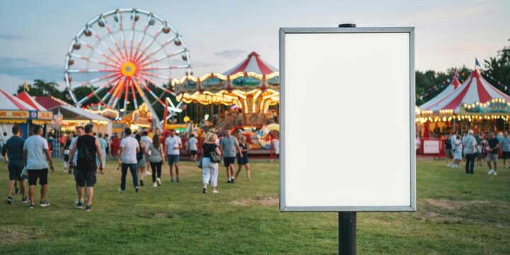 Blank vertical billboard sign at a carnival fairground with ferris wheel and carousel