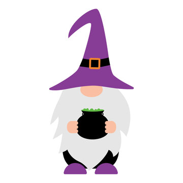 Halloween gnome purple witch hat holding black pot with green potion.  Cute cartoon character. Vector template for poster, greeting card, banner, sticker, shirt design etc.
