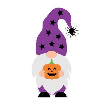Halloween gnome with starry hat and hanging spider holding carved pumpkin Jack o lantern.  Cute cartoon character. Vector template for poster, greeting card, banner, sticker, shirt design etc.