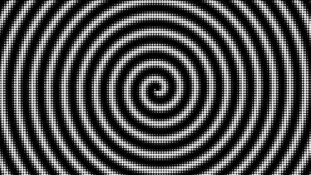 Dotted halftone spiral rotates inward against a dark background creating an optical illusion pattern in a horizontal seamless loop 3D animation